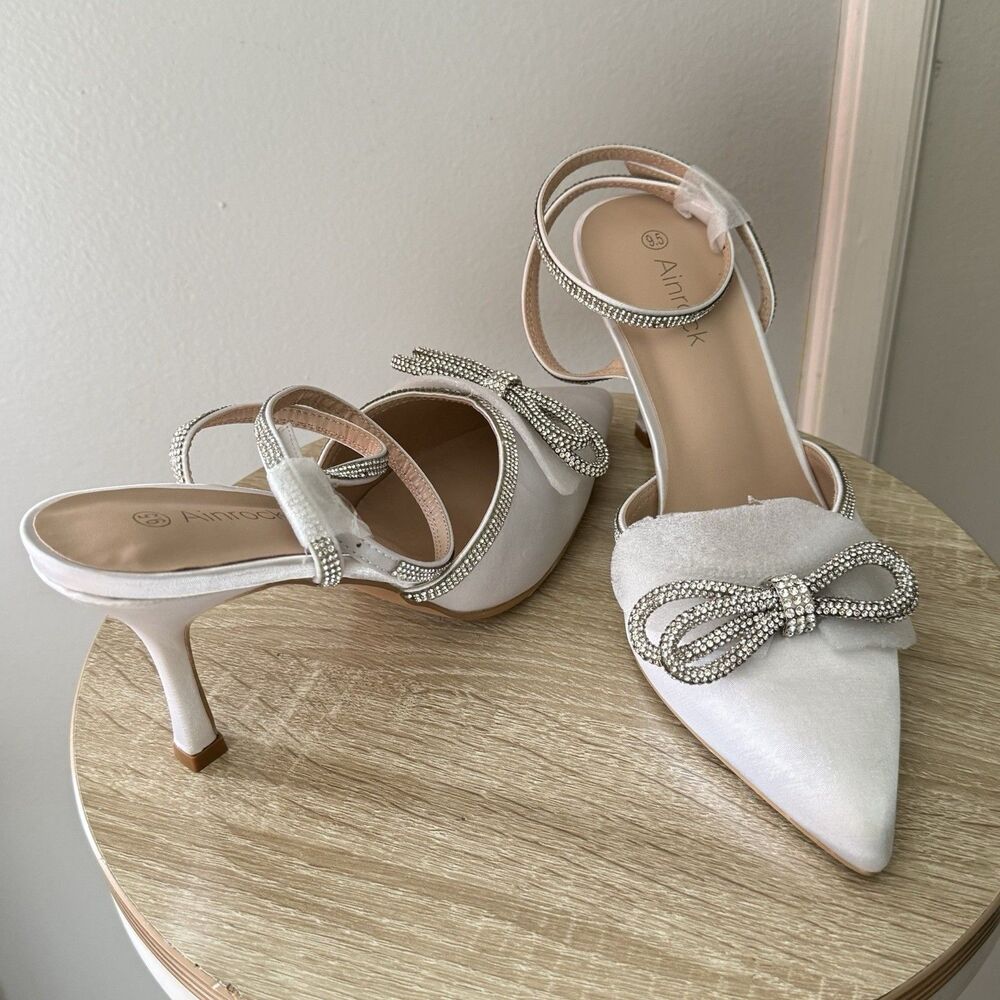 Pointed Toe Satin Wedding Shoes for Bride White High Heels Rhinestones Size 9.5 - Picture 11 of 16